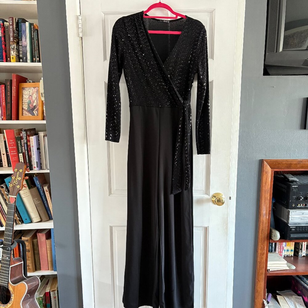 Sequined-Top Mock-Wrap Jumpsuit